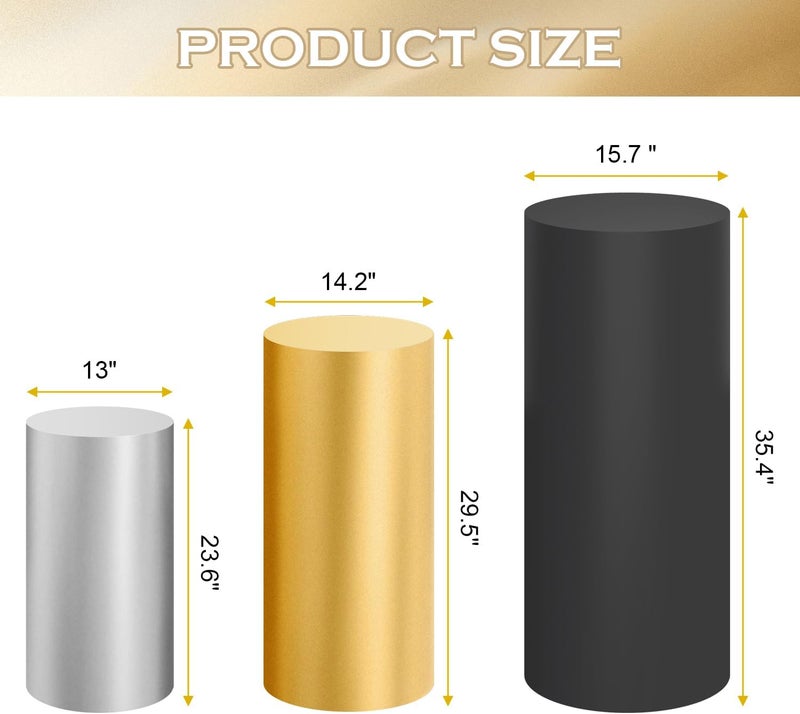 SaitiMade Set of 3 Gold Silver Black Cylinder Pedestal Stand Covers, 3pcs Spandex Mixed Colors Cylinder Stand Covers for Party, Wedding or Birthday Event Decor (Only Contains Colorful Cylinder Covers) - Image 2